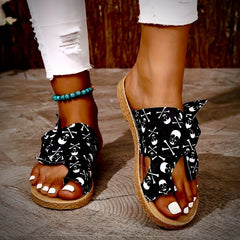 Women's Skull Bowknot Sandals Open Toe Flat Slides Shoes