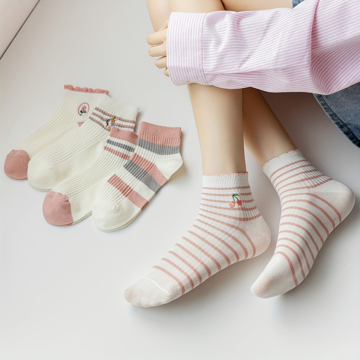 5 Pairs Striped Sports Socks Lightweight Crew Short Socks Women's Stockings