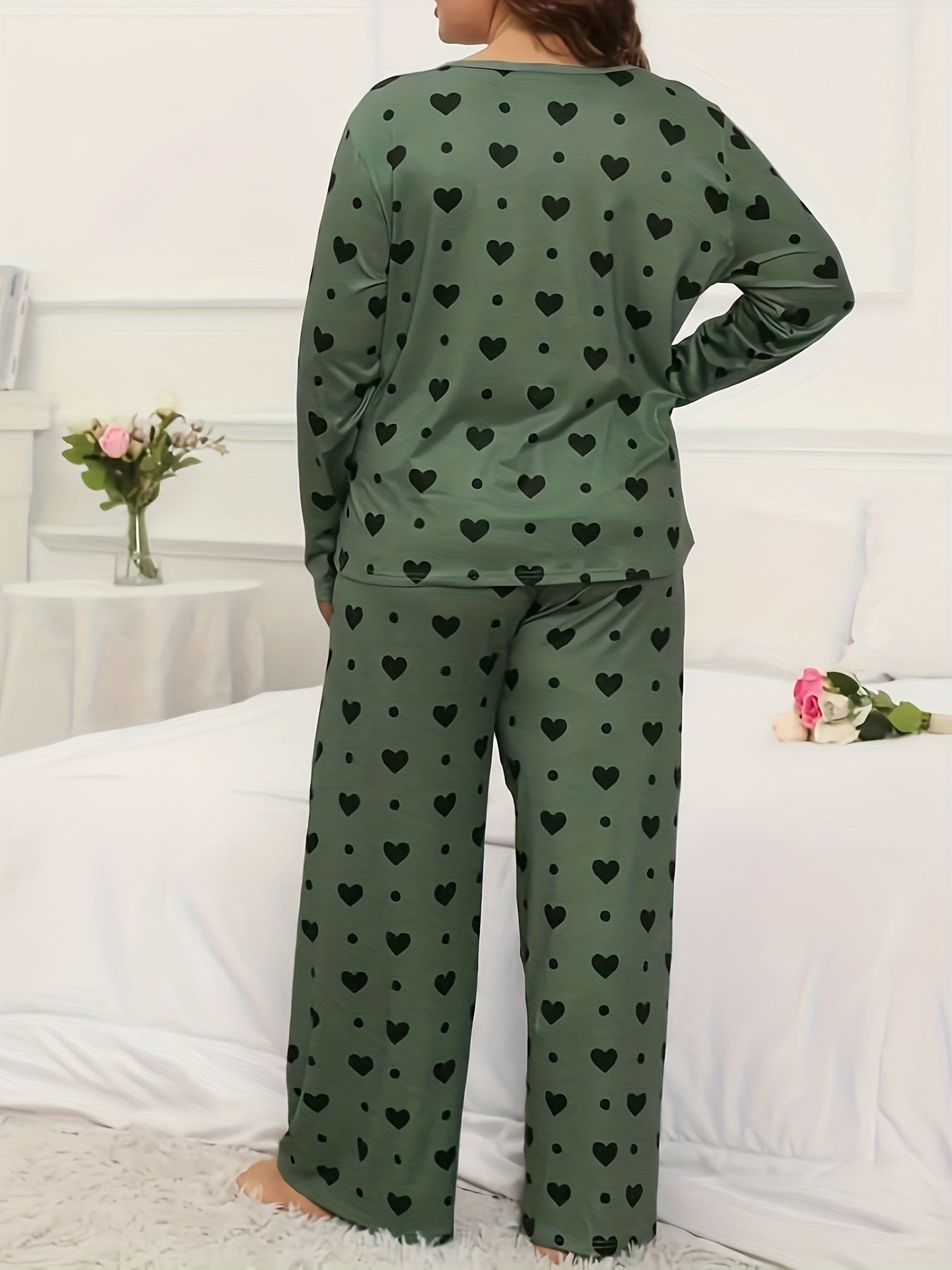 Heart & Polka Dot Print Long Sleeve Pajamas Set