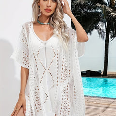 Crochet Batwing Sleeve Side Split Cover Up V Neck Boho Beach Cover Up