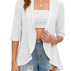 Solid Eyelet Embroidered 3/4 Sleeve Open Front Cardigan