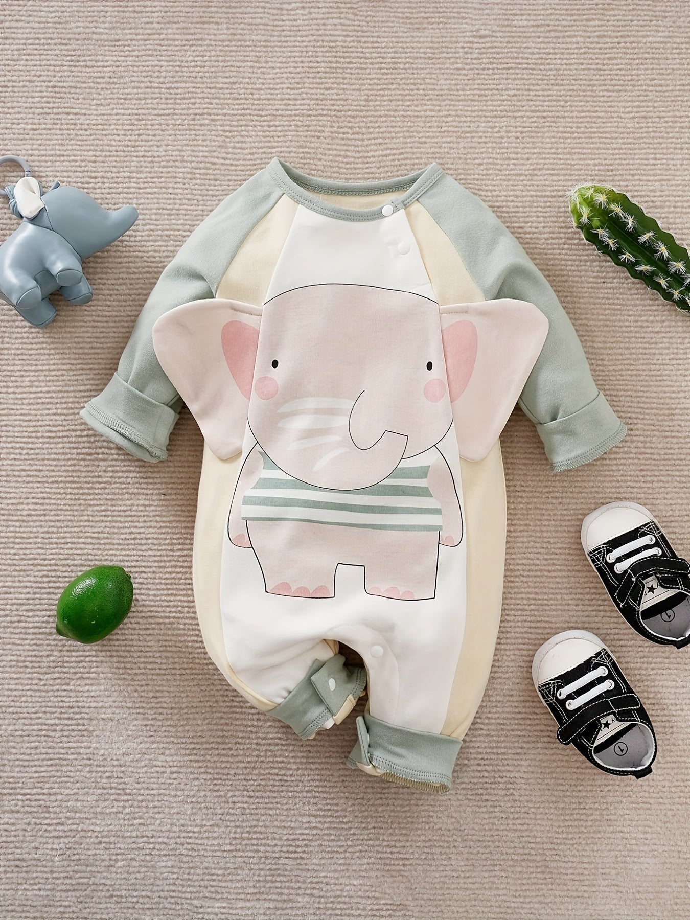 Elephant Long Sleeve Button Up Cotton Baby Bodysuit For Spring