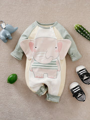 Elephant Long Sleeve Button Up Cotton Baby Bodysuit For Spring