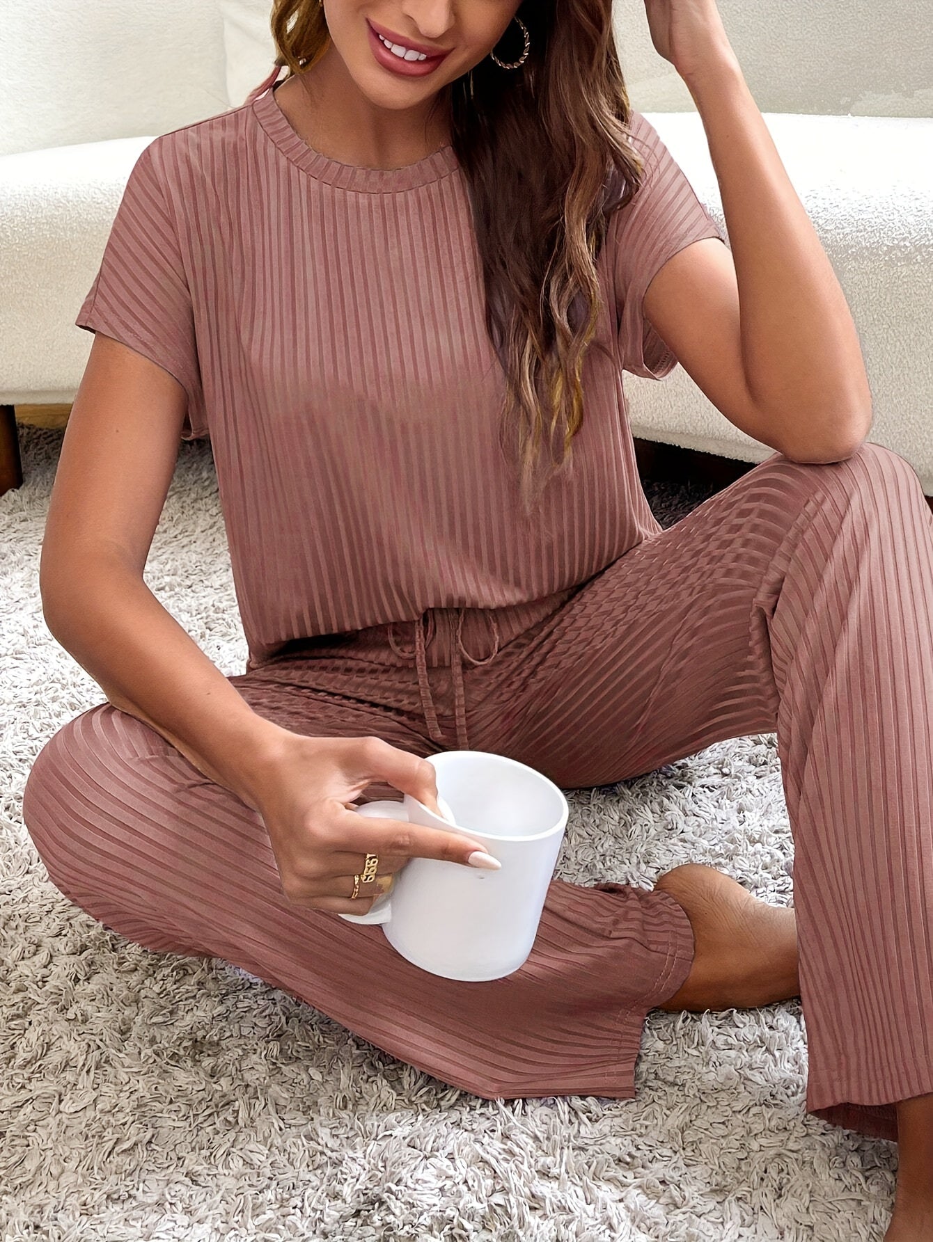 Ribbed Lounge Set Short Sleeve Top & Pants Women's Loungewear
