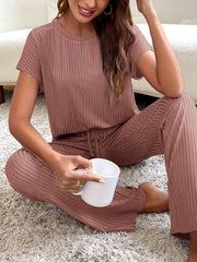 Ribbed Lounge Set Short Sleeve Top & Pants Women's Loungewear