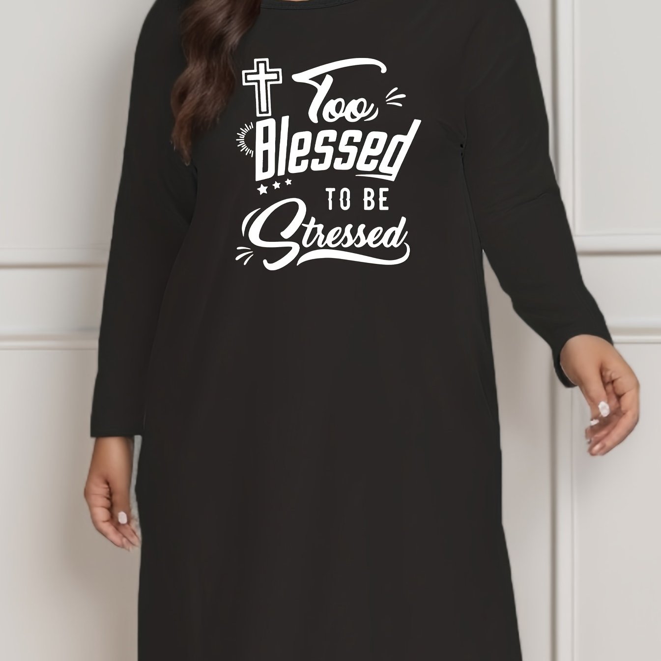 Casual Lounge Dress Women's Plus Slogan Print Round Neck Tee Dress