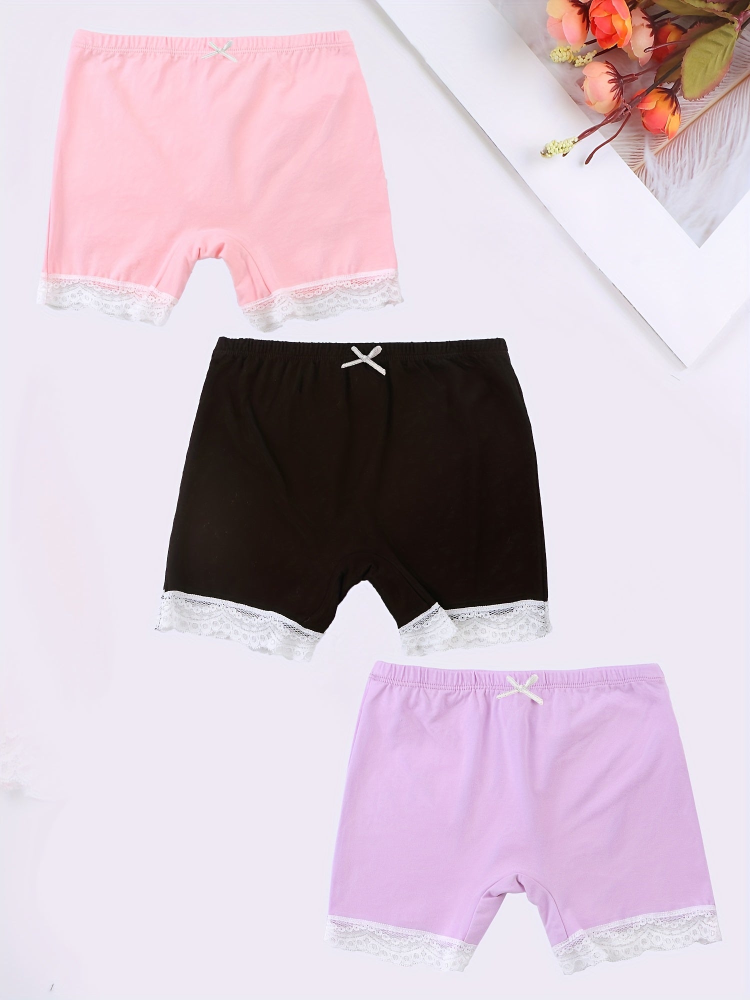 3pcs Girl's Cotton Boyshorts Lace Trim Elastic Waist Shorts