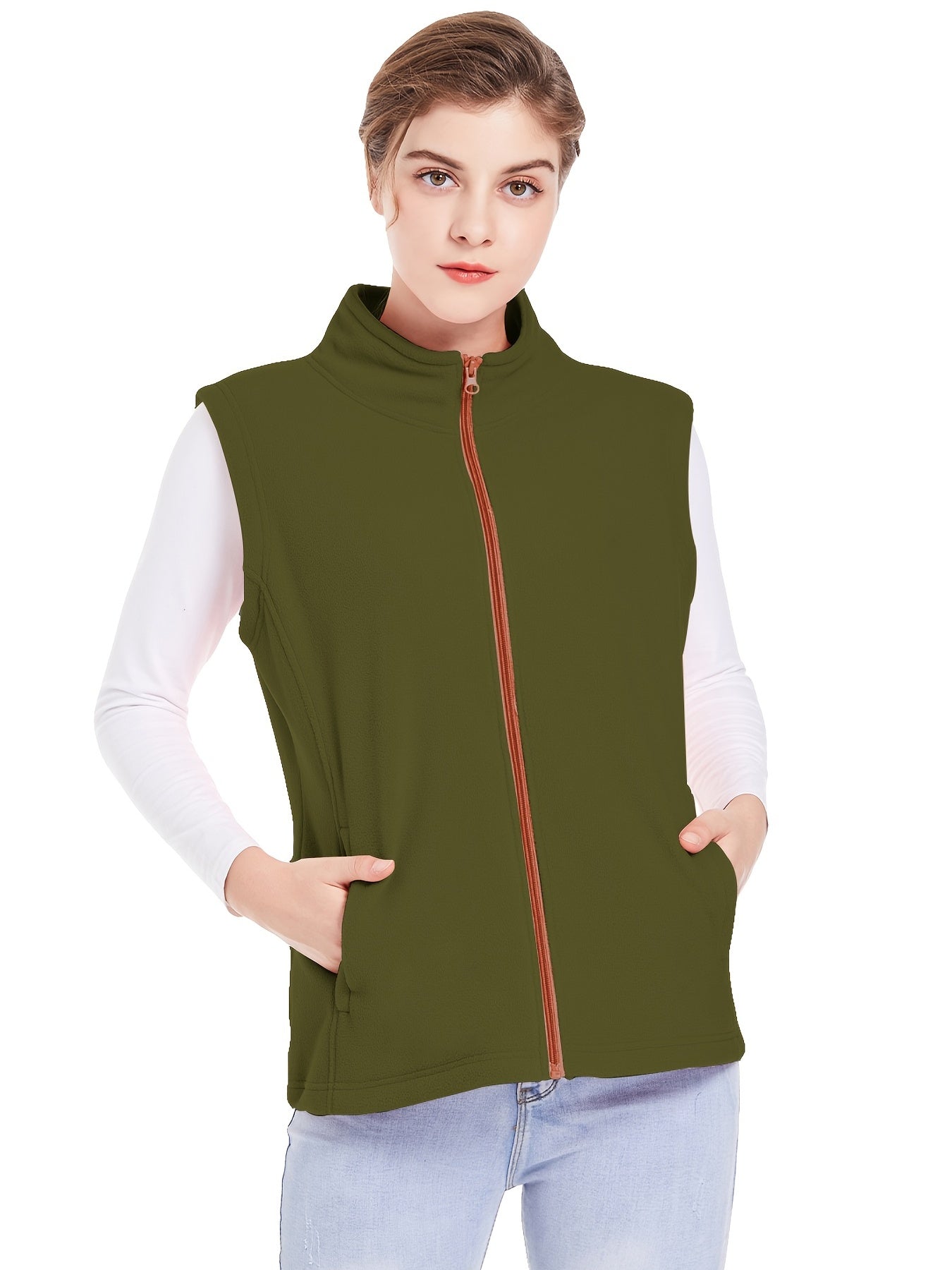 Sleeveless Stand Collar Jacket with Pockets Women's Outerwear