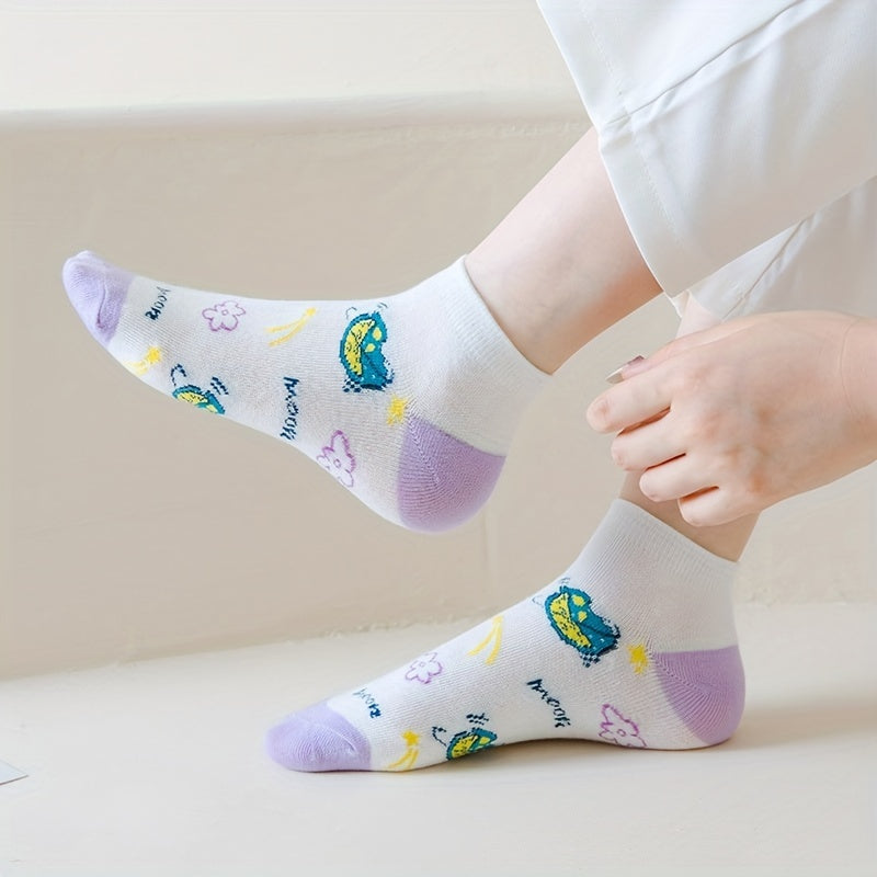 5 Pairs Floral Print Socks & Lightweight Low Cut Ankle Socks