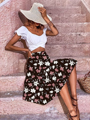 Floral Print Elastic Waist Midi Skirt Women's Clothing