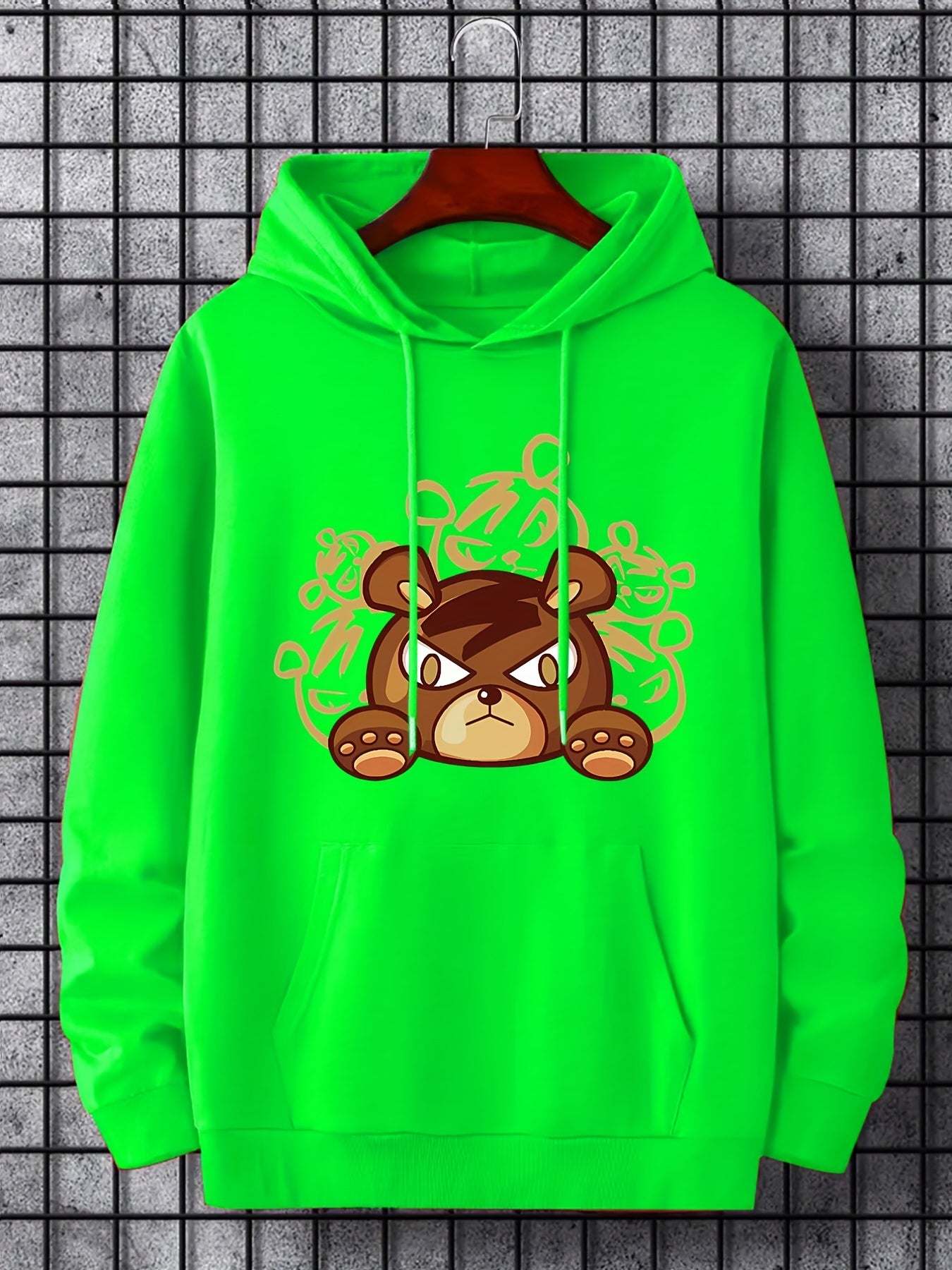 Cartoon Bear Print Hoodie for Men Casual Graphic Pullover Hooded Sweatshirt