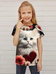 Sweet Cat Graphic Short Sleeve T shirt for Girls Summer Gift