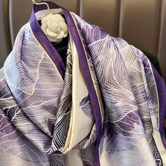 Purple Flower Print Satin Scarf Silk Shawl Large Sunscreen Head Wraps