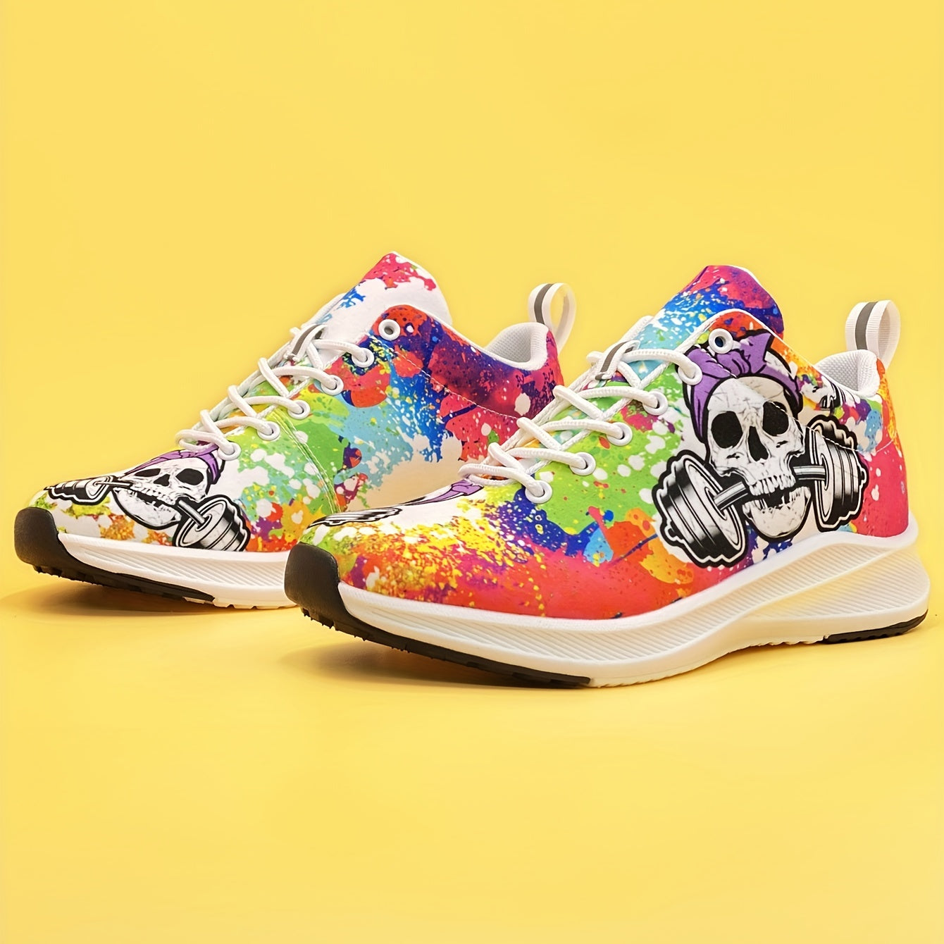 Women's Skull & Barbell Printed Sneakers Low Top Halloween Shoes