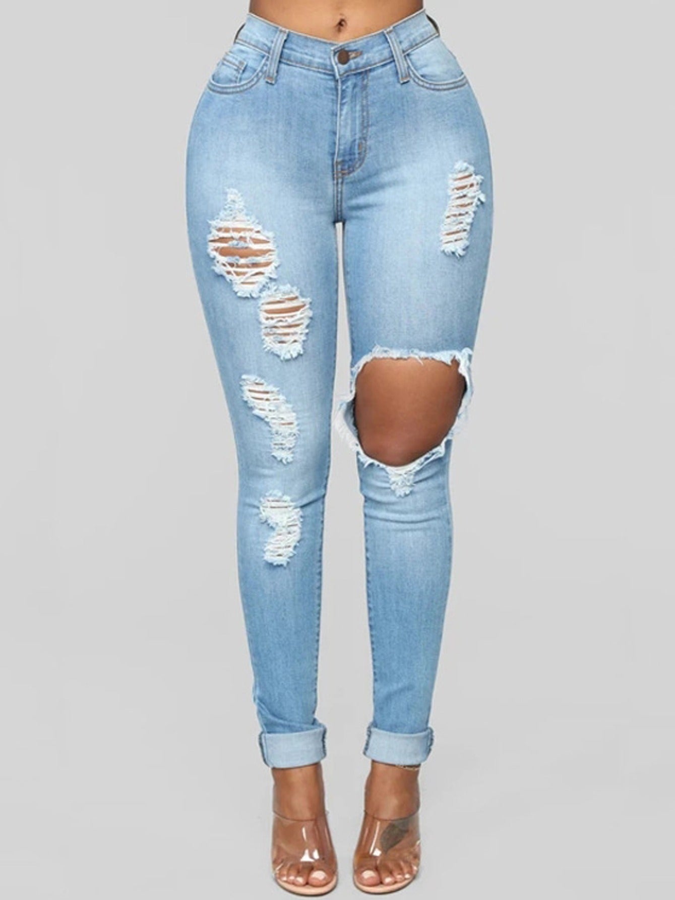 Distressed Skinny Leg Jeans High Waist Elastic Slim Fit Denim Pants