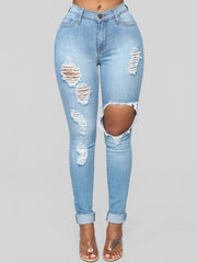 Distressed Skinny Leg Jeans High Waist Elastic Slim Fit Denim Pants