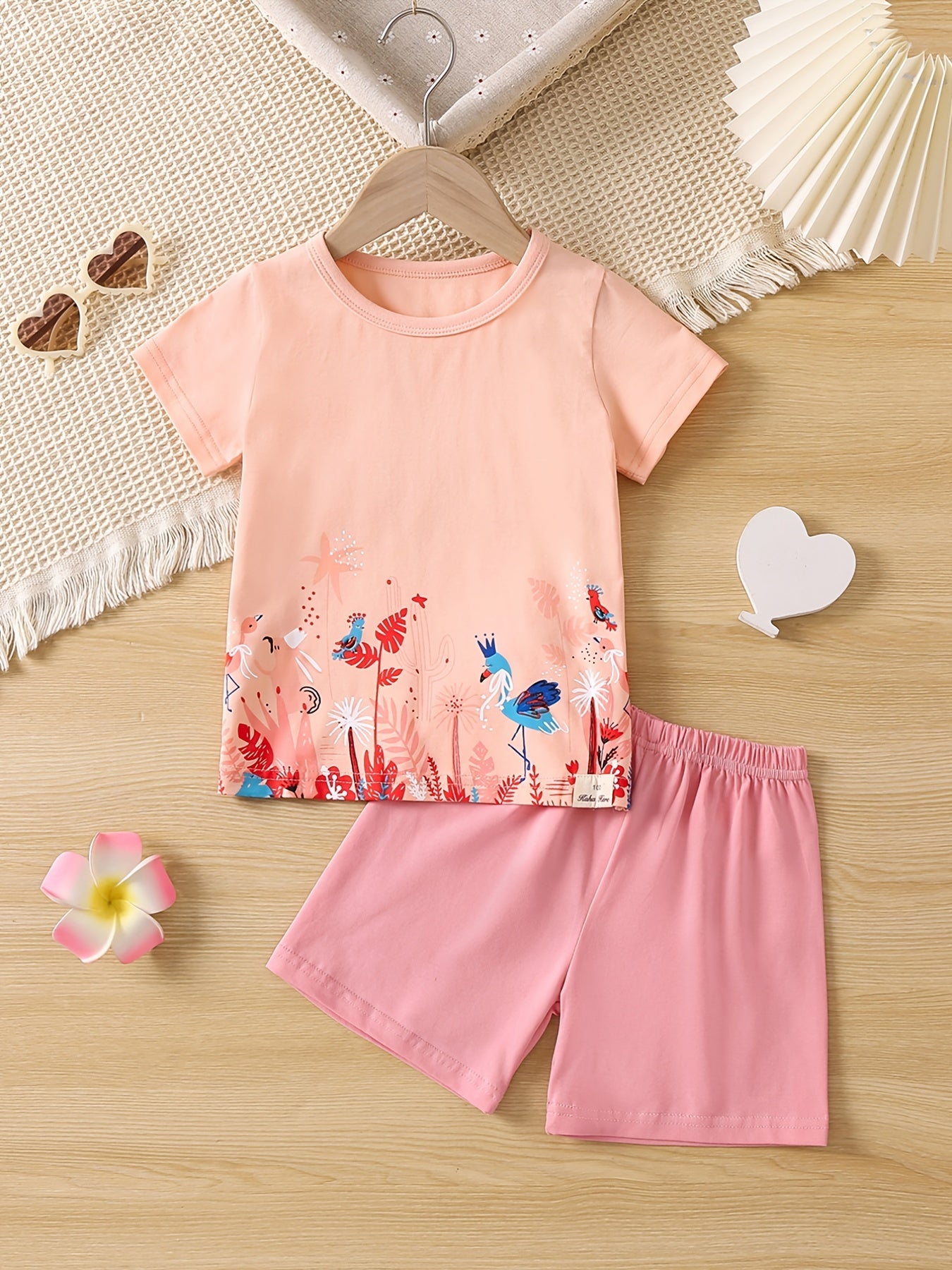 Girls Plant Print T-shirt & Shorts Set for Summer