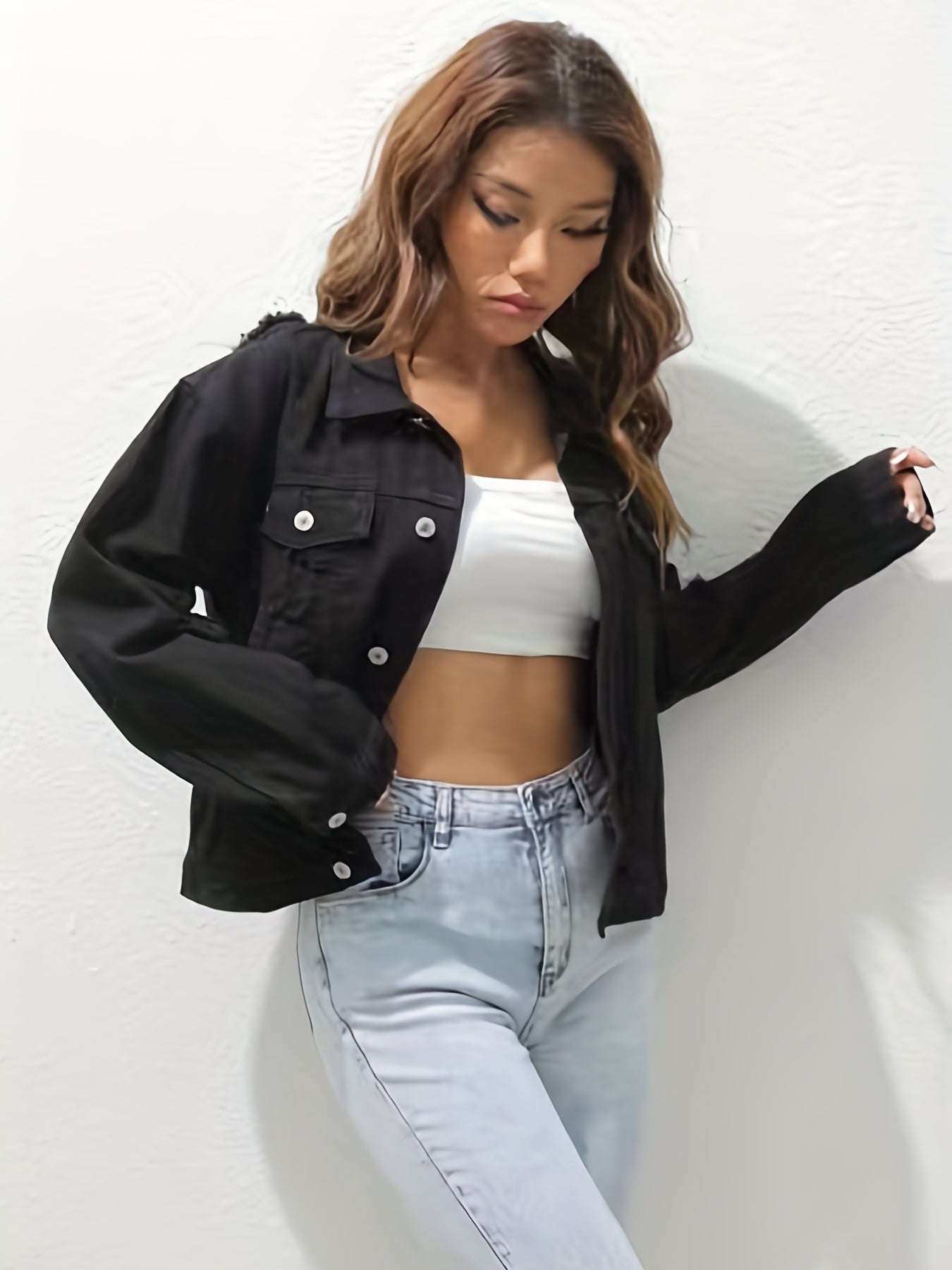 Ripped Holes Denim Jackets Long Sleeves Single Breasted Button Lapel Denim Coats