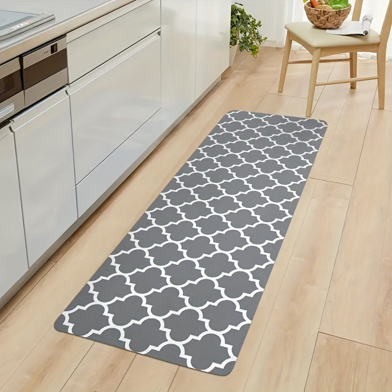 Grey Geometric Moroccan Kitchen Rug - Absorbent Non Slip Floor Mat