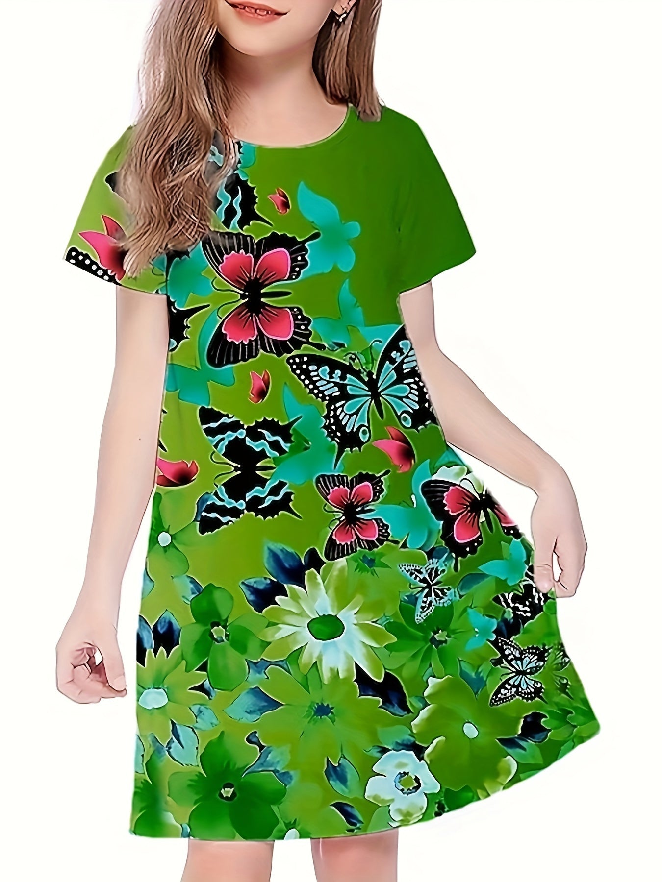 Butterfly Print Short Sleeve Dress for Summer Party Girls