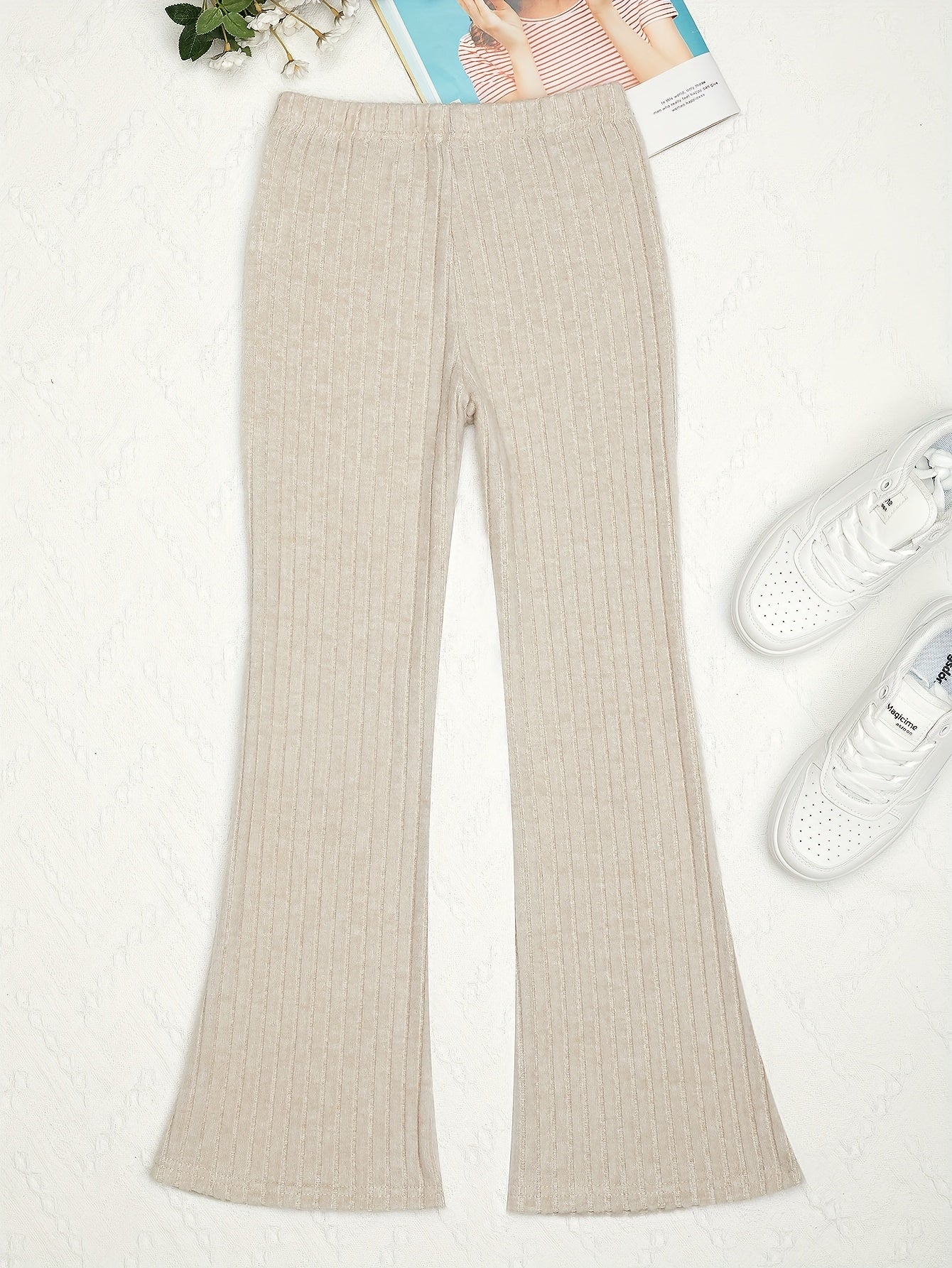 Girls Ribbed Flare Pants High Waist Loose Fit Solid