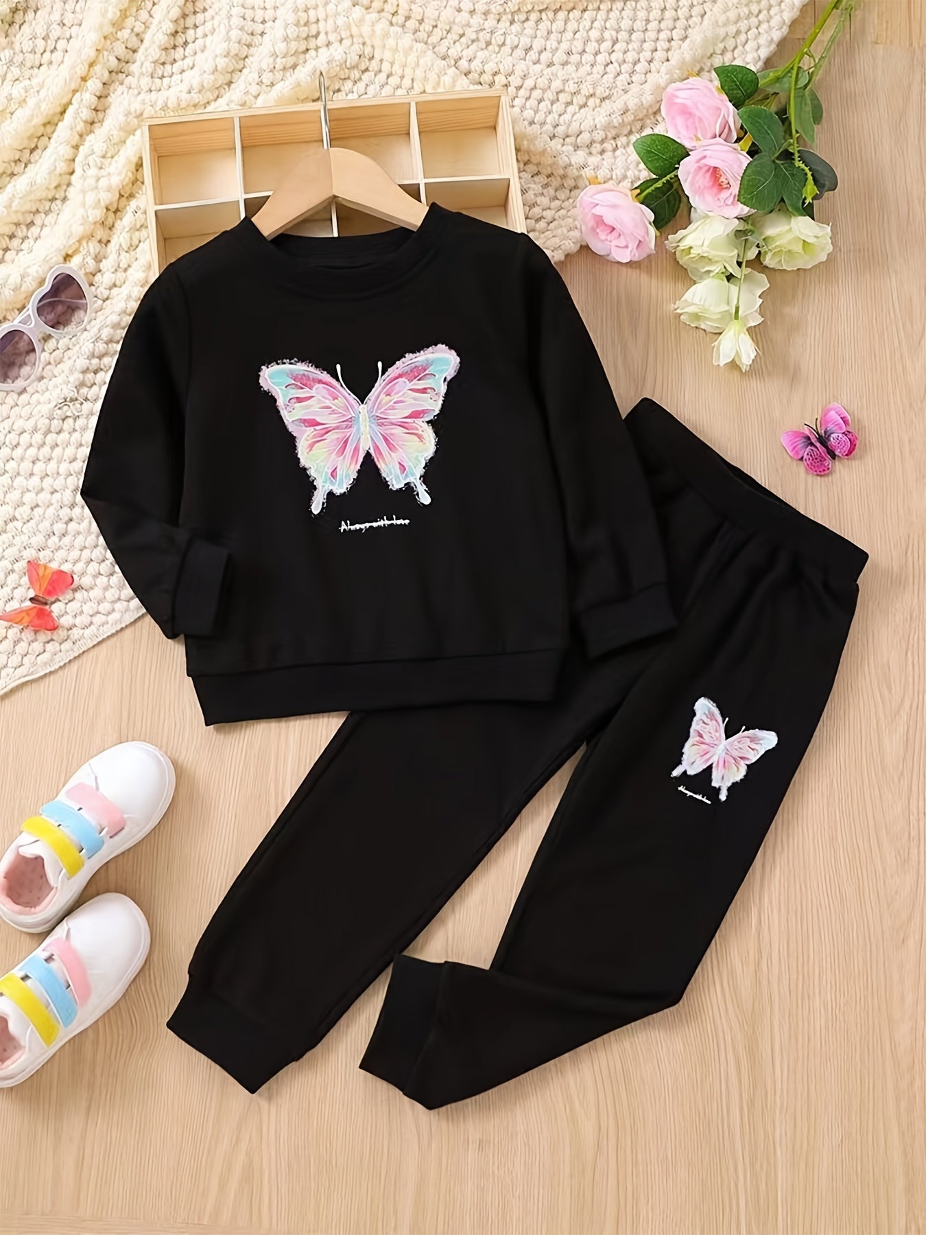Girl's Butterfly Pattern Hoodie & Sports Pants Set