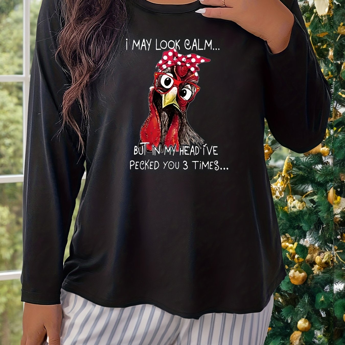 Funny Chicken Print Long Sleeve Lounge Top Plus Size