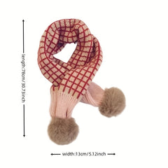 Knitted Small Plaid Hair Ball Warm Scarf 78x13in