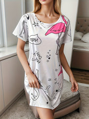 Letter Cartoon Print NightDress Short Sleeve Pajama Dress