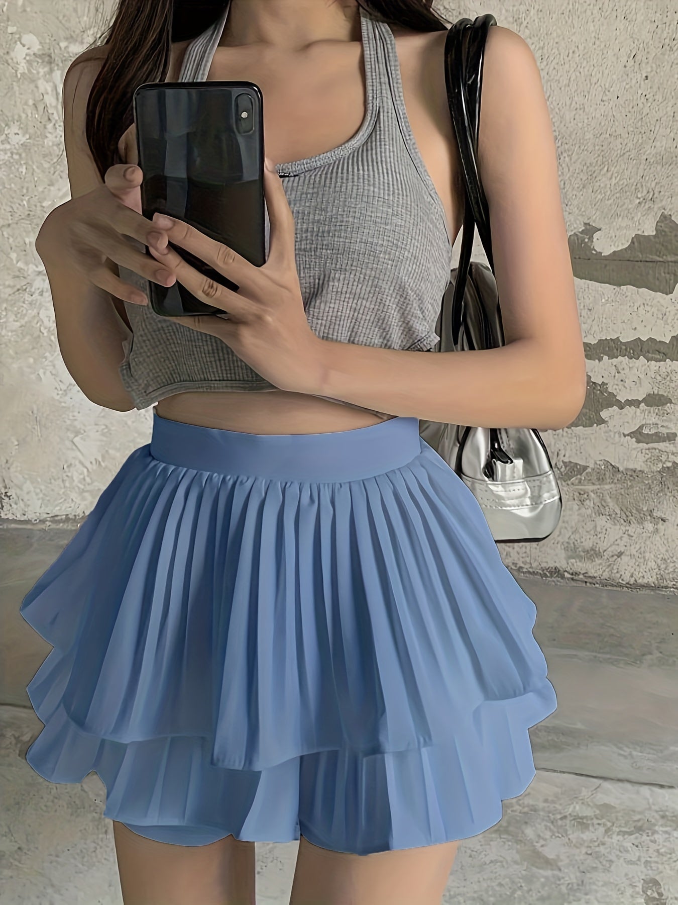 Pleated Layered Mini Skirt Solid Summer Women's Clothing