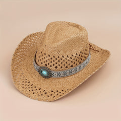 Turquoise Tassel Belt Cowboy Hat Vintage Western Hollow Crochet Straw Hat