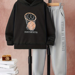 Boy's 2pcs Basketball Print Hoodie & Pants Set