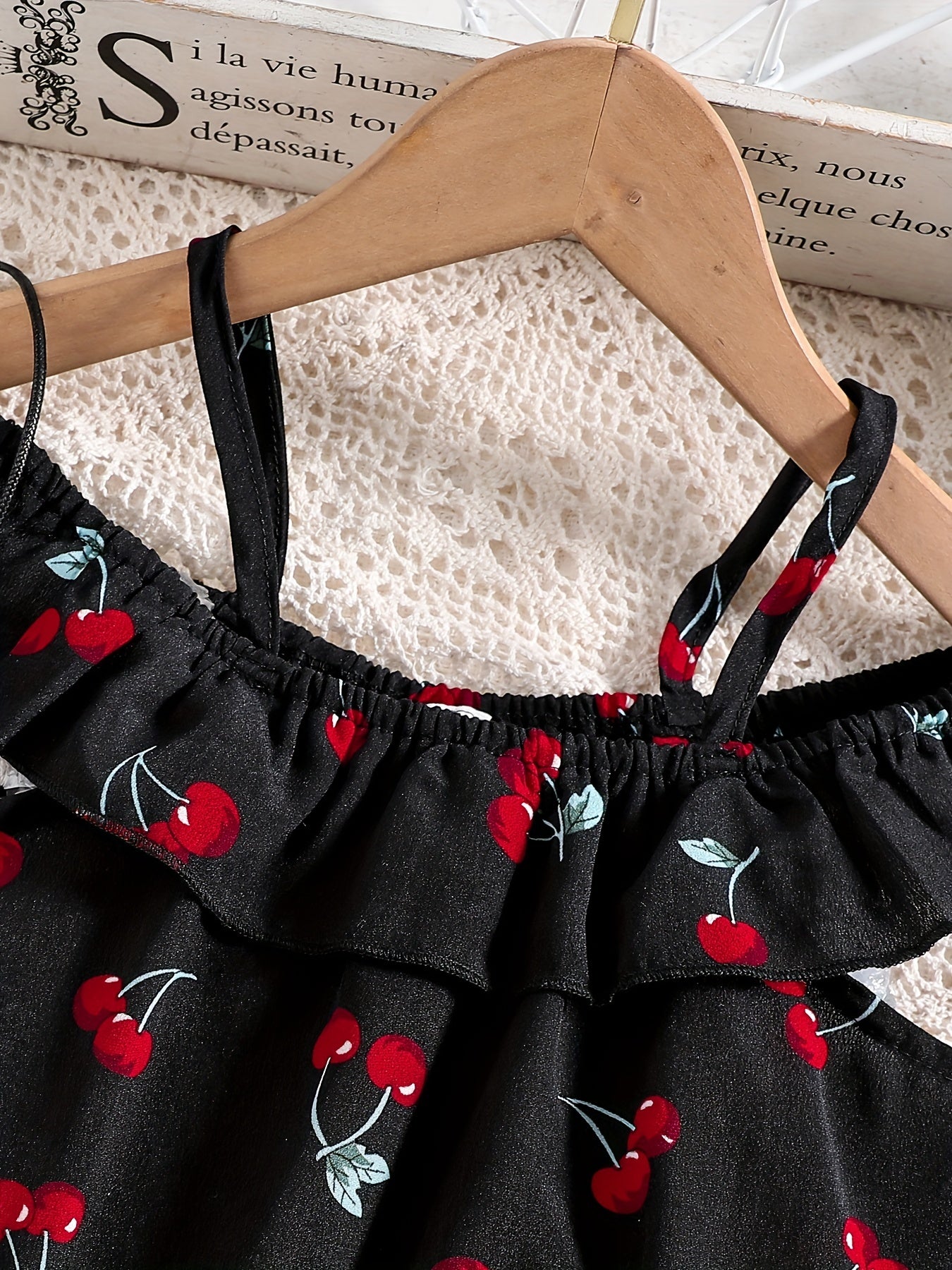 Girls Cherry Print Off Shoulder Camisoles & Elastic Waist Shorts Set