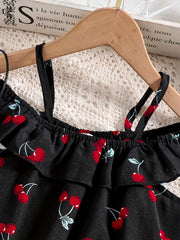 Girls Cherry Print Off Shoulder Camisoles & Elastic Waist Shorts Set