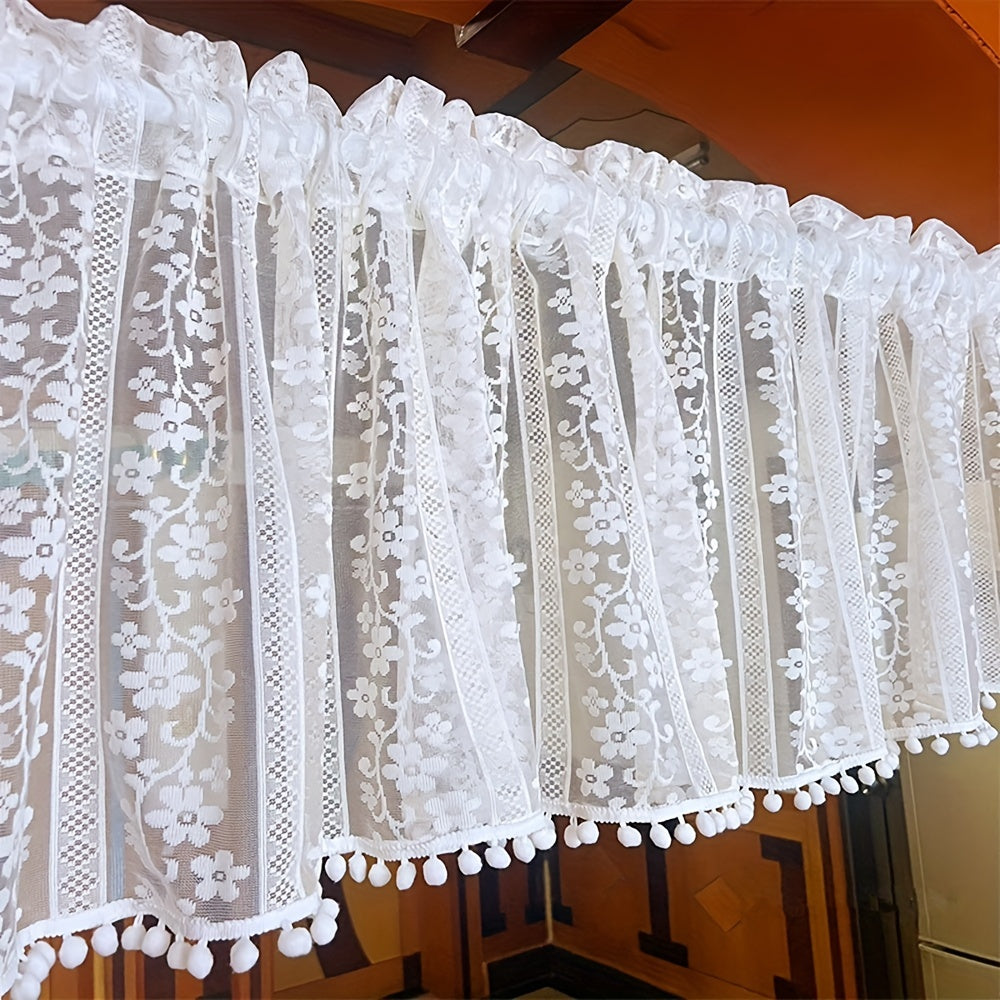 Short Sheer Floral Curtain with Pom Poms - Home Decor
