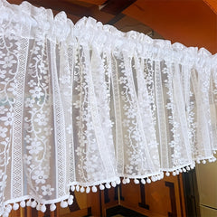 Short Sheer Floral Curtain with Pom Poms - Home Decor