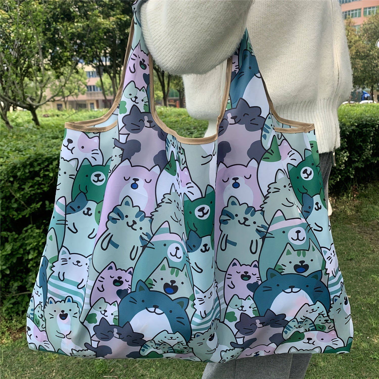 Cartoon Print Casual Tote Bag Large Capacity Foldable Shopping Shoulder Bag
