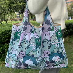 Cartoon Print Casual Tote Bag Large Capacity Foldable Shopping Shoulder Bag