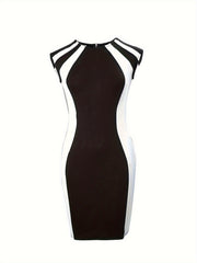 Colorblock Cap Sleeve Round Neck Slim Fit Dress