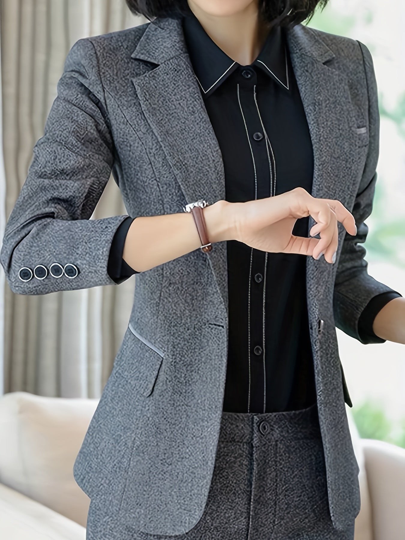 Solid Button Front Blazer Lapel Long Sleeve Blazer For Office & Work