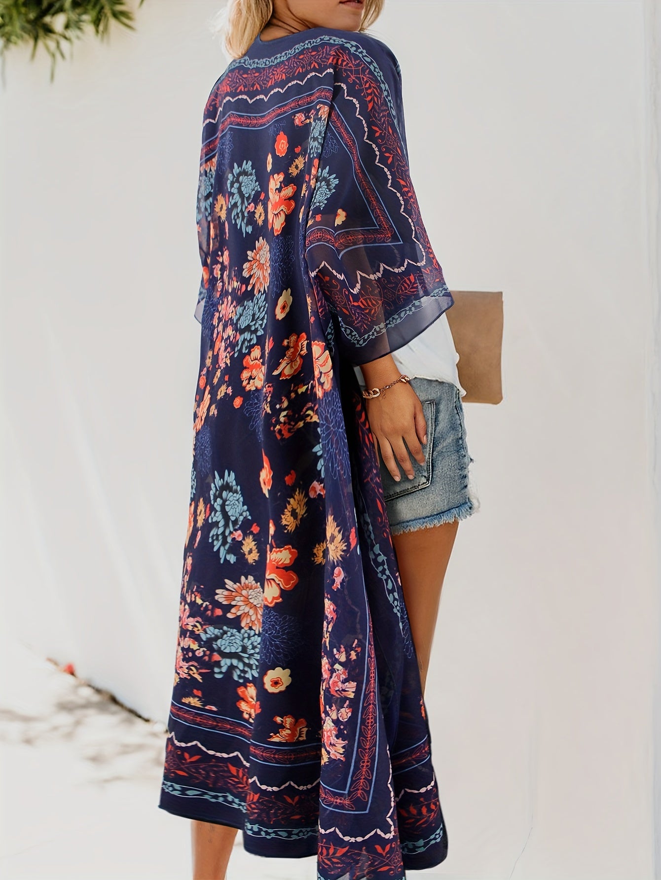 Floral Print Batwing Sleeve Cover Up