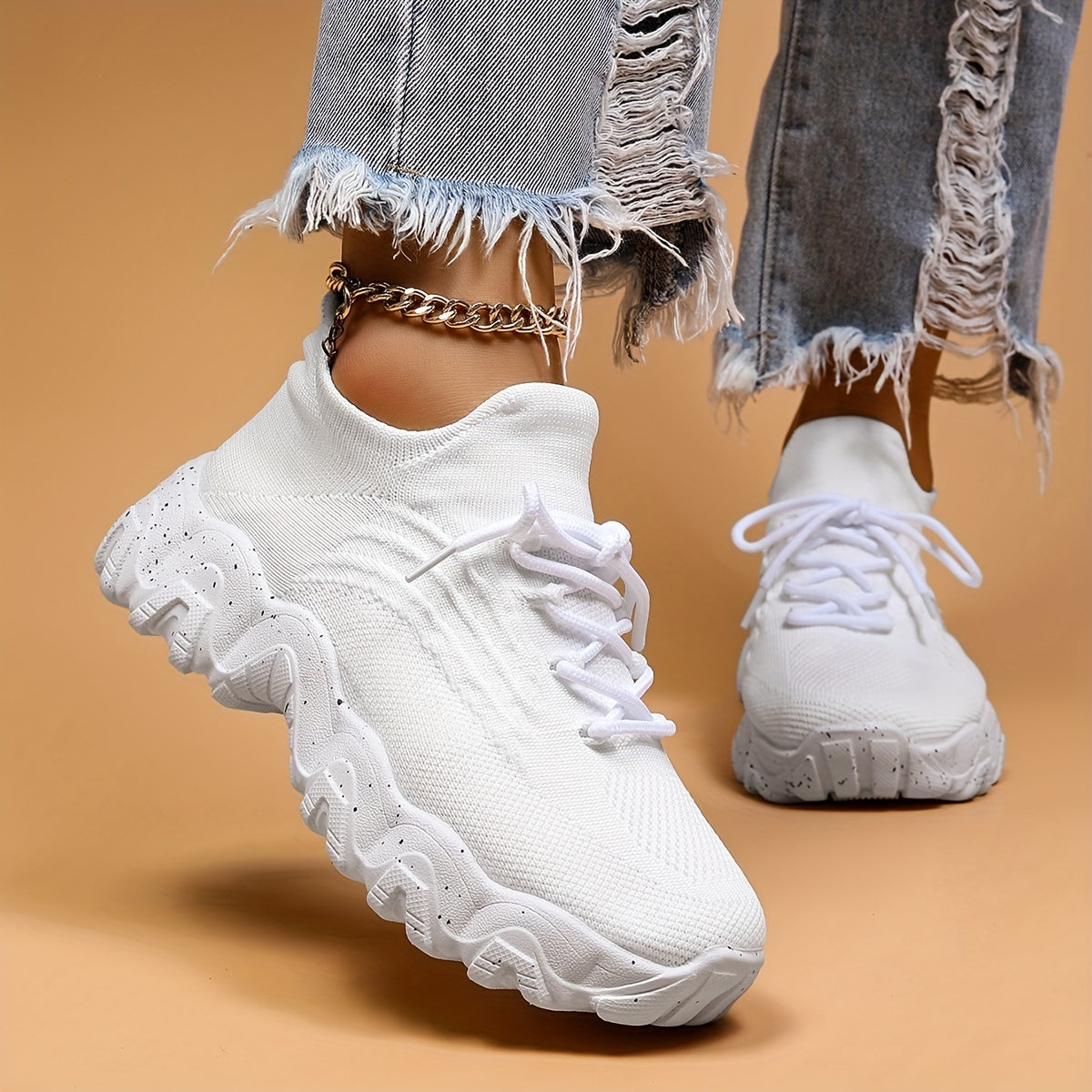 Women's Breathable Knit Sneakers Low Top Lace Up Shoes