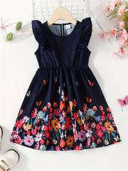 Girls Vibrant Butterflies & Flowers Print Skirt Elastic Waist Dress