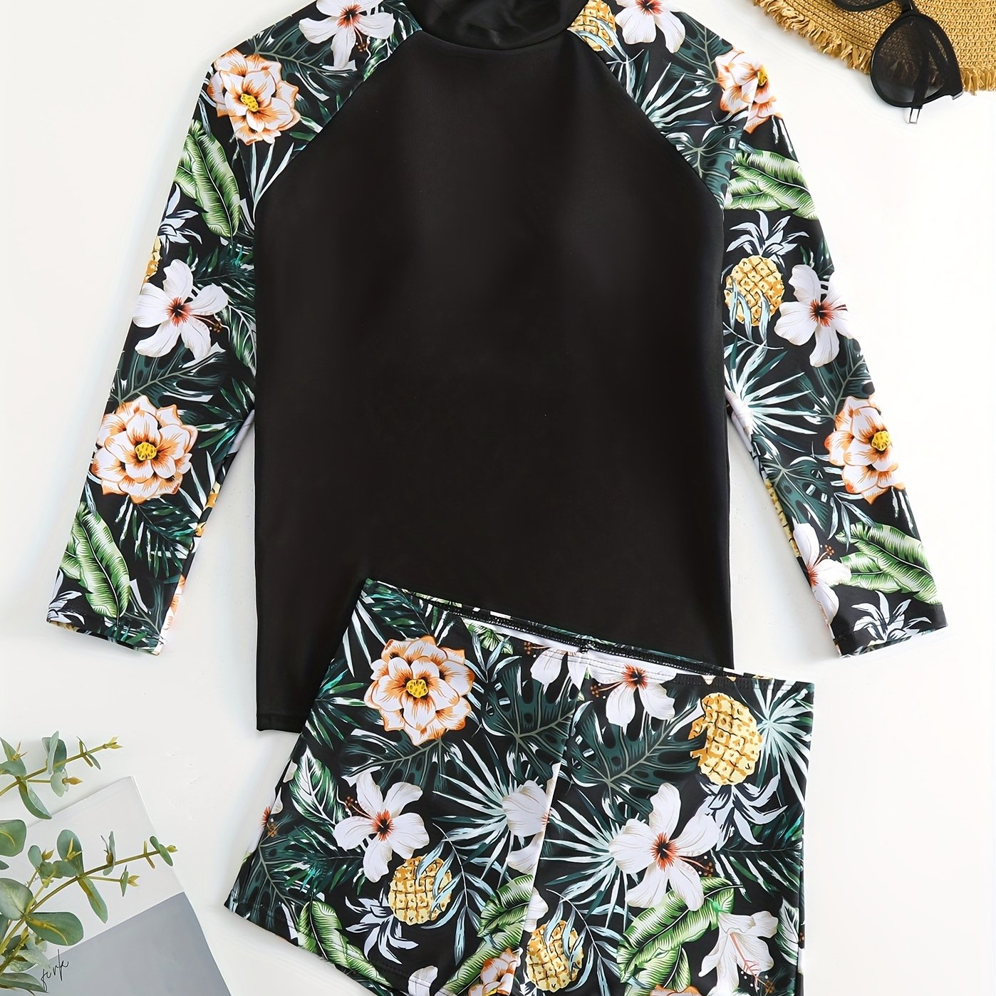 Tropical Print Tankini Set Long Sleeves Round Neck Two Pieces Swimsuit