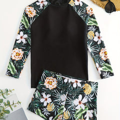 Tropical Print Tankini Set Long Sleeves Round Neck Two Pieces Swimsuit