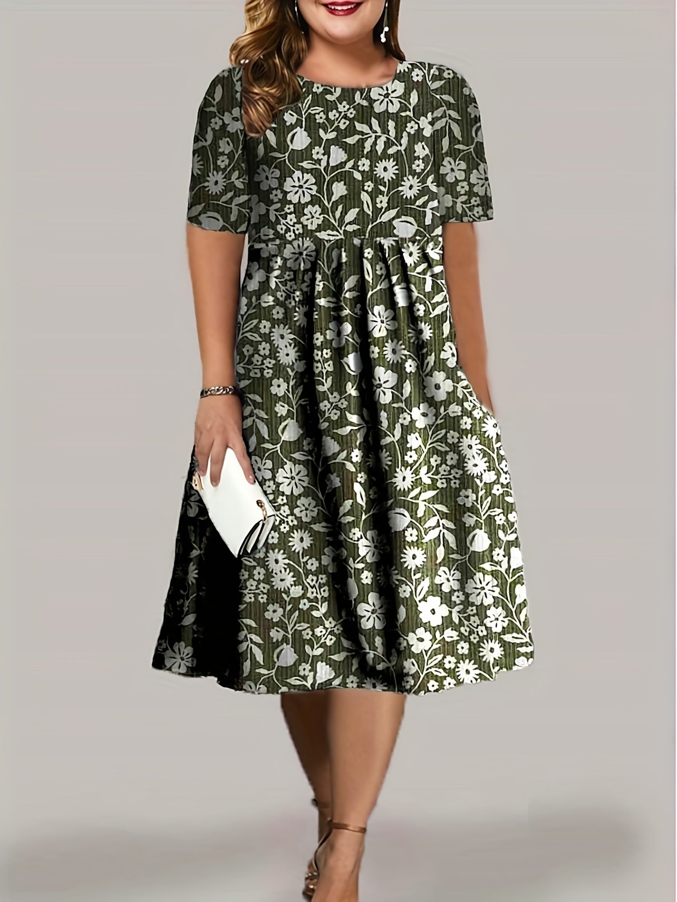 Floral Print Short Sleeve Round Neck Pleated Dress With Pockets