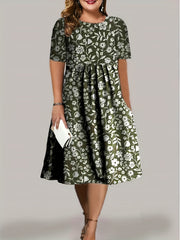 Floral Print Short Sleeve Round Neck Pleated Dress With Pockets