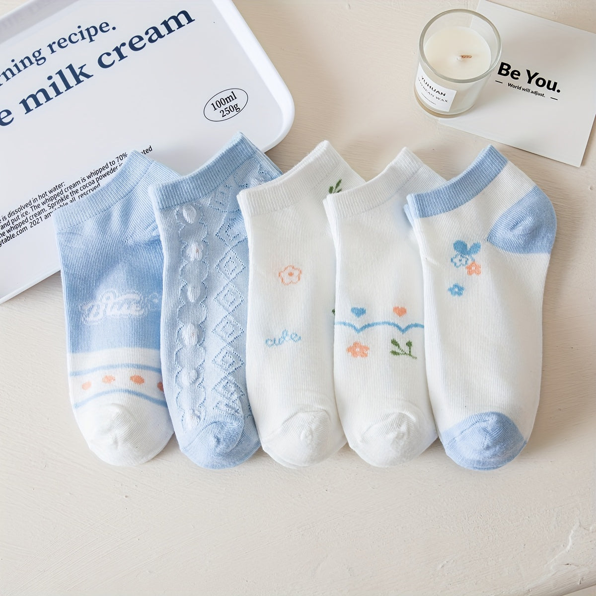 5 Pairs Floral Print Socks Comfy & Crew Ankle Socks Women's Stockings