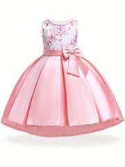 Girls Floral Embroidery Princess Dress High Low Pleated Dress