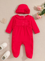 Baby Girls Cotton Footies Footed Jumpsuit Hat Ruffle Long Sleeve Romper